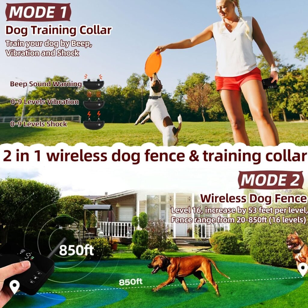 2-in-1 Wireless Dog Fence  Remote Training Collar System, Electric Containment System with Adjustable Boundary, Beep/Vibration/Static Modes, Rechargeable Waterproof Dog Collar