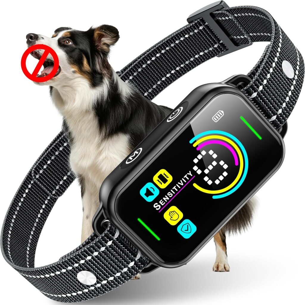 DINJOO Smart Bark Collar - Rechargeable Anti Barking Training Collar with Adjustable Sensitivity, Beep  Shock (Dark Black) for Large, Medium  Small Dogs