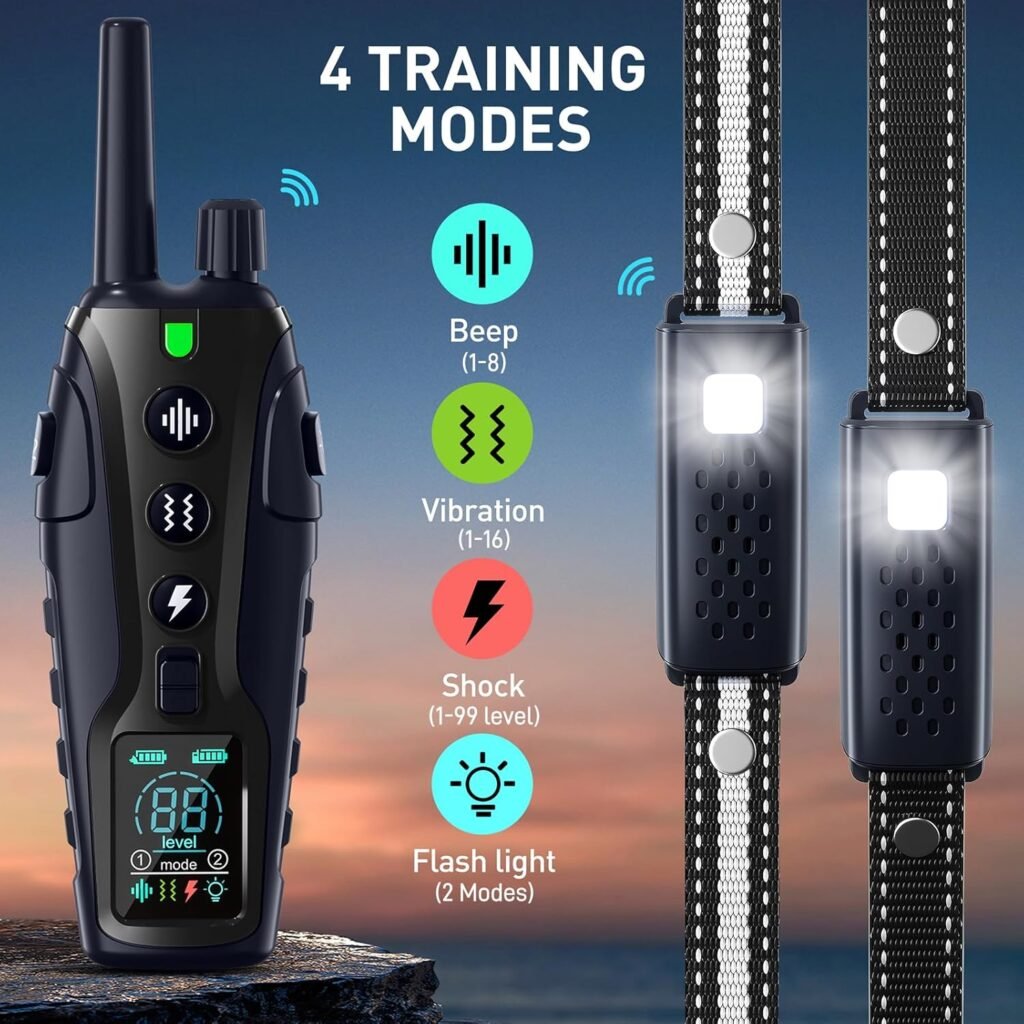 Dog Shock Collar Dogs(15-150lbs) with Flashing Light for Night Walks,4500FT Dog Training Collar Adjustable Pitch Beep(1-8), Vibration(1-16), Safe Shock(1-99), and Keypad Lock
