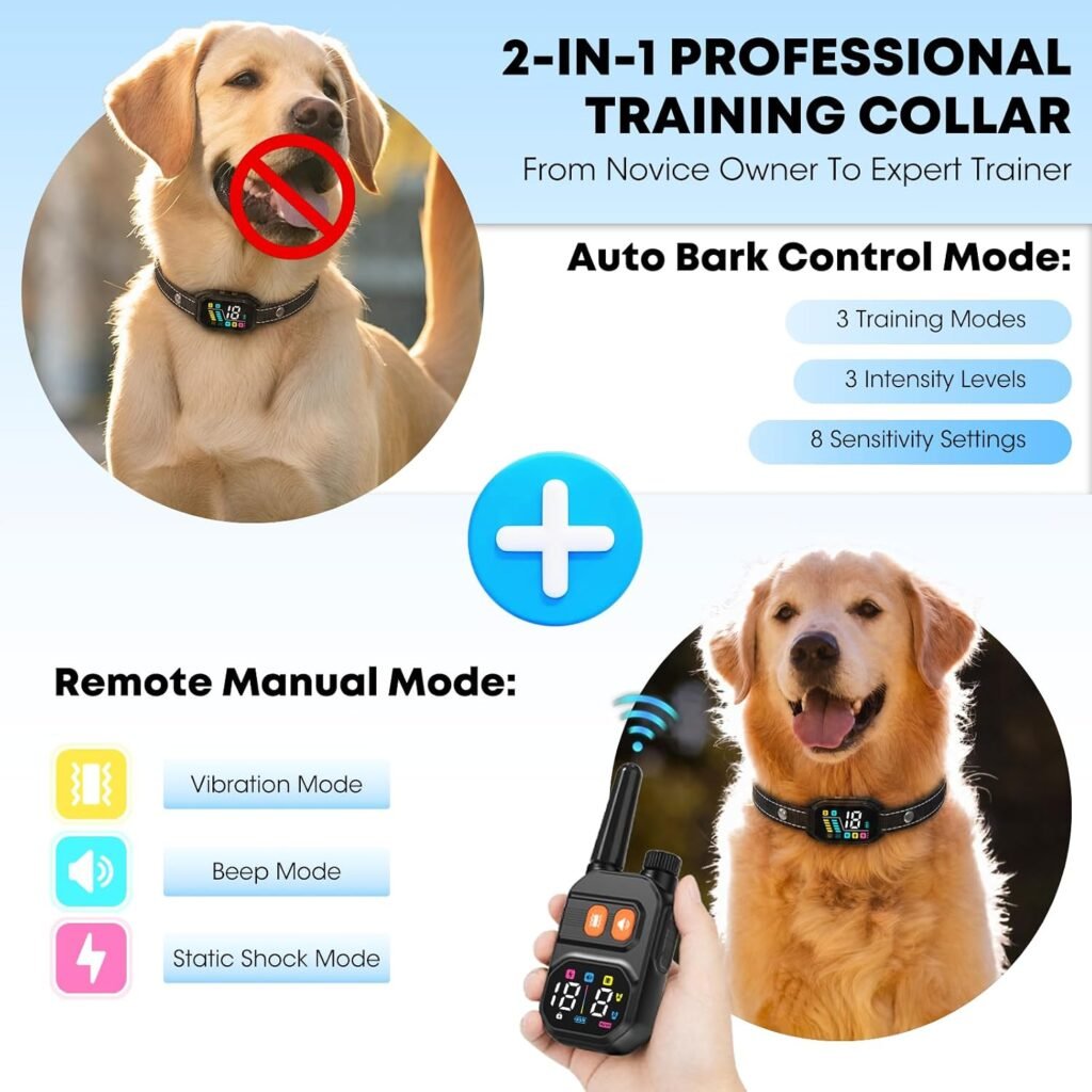 Dog Training Collar with Remote: 2-in-1 Manual Auto Bark Control, Training Modes, IP67, Rechargeable Shock Collar for Outdoor Walks Owner Away, 5-26IN