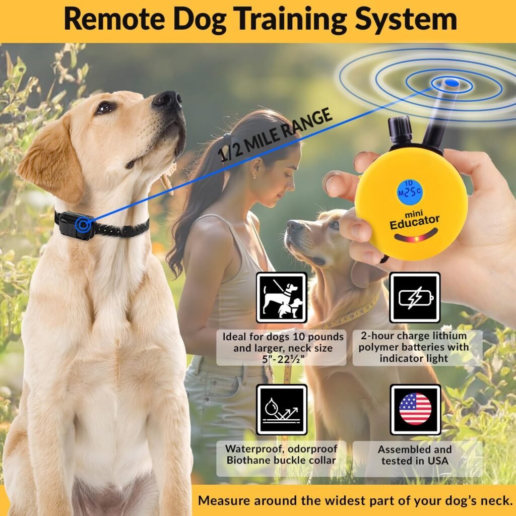 E-Collar ET-300 Mini Educator Remote Dog Training Collar –/2 Mile Waterproof, Premium Finger Clicker Trainer, Stimulation Levels + Vibration + Light + Sound – Dog Small to Medium, Yellow