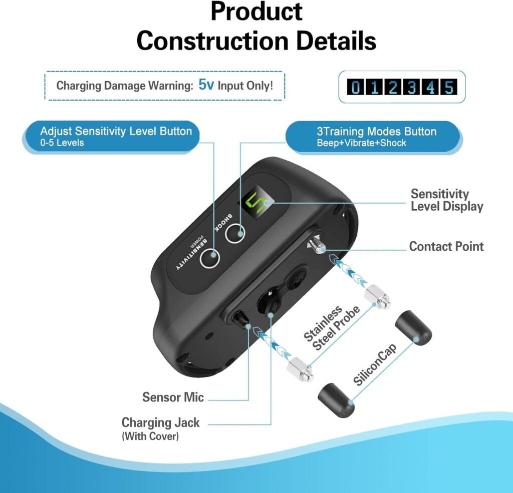 Rechargeable Dog Bark Collar with Beep Vibration and Shock,Anti Barking Collar for Small Medium Large Dogs, Humane Dog Training Device with Adjustable Sensitivity Levels